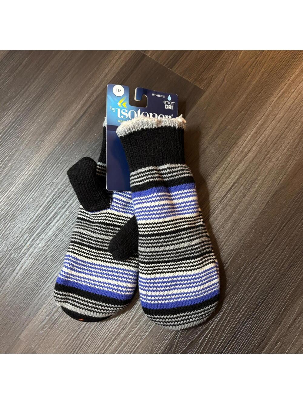 Isotoner Winter Mittens Smart Dry Fleece Lined One Size Blue Black Striped